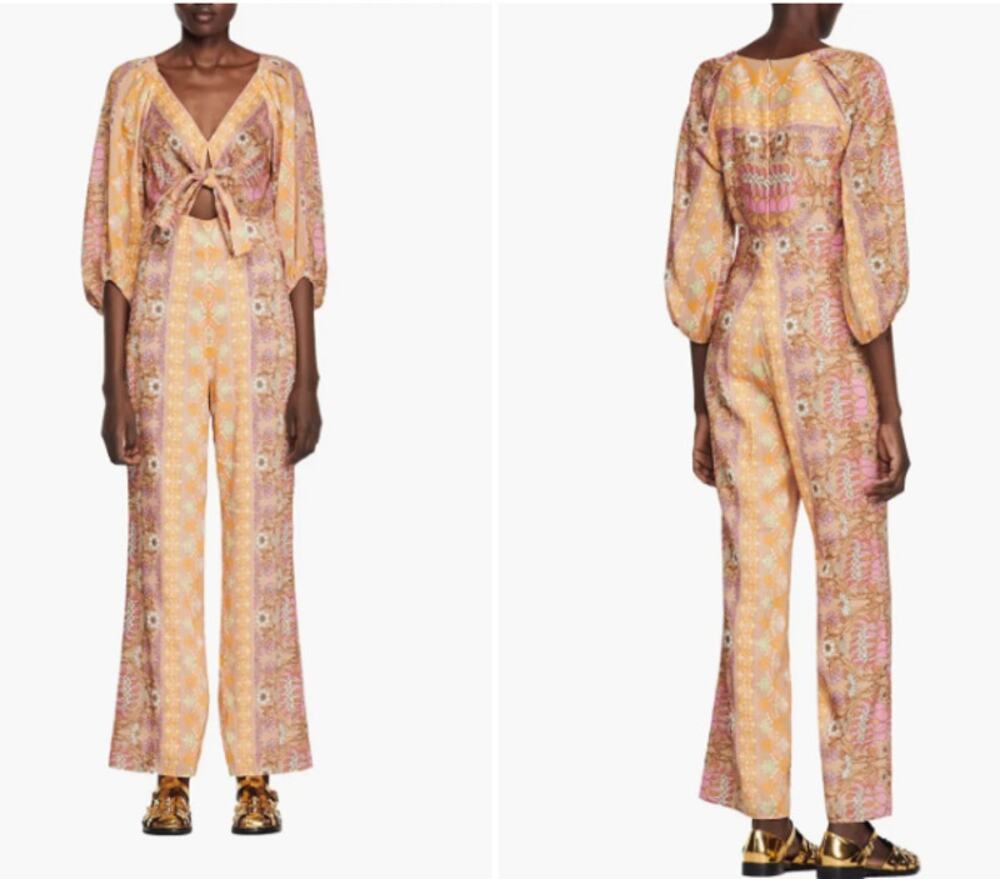 Sandro Dieppe Boho Groovy Hippie Floral Linen Blend Jumpsuit $565 NWT 34 US 2